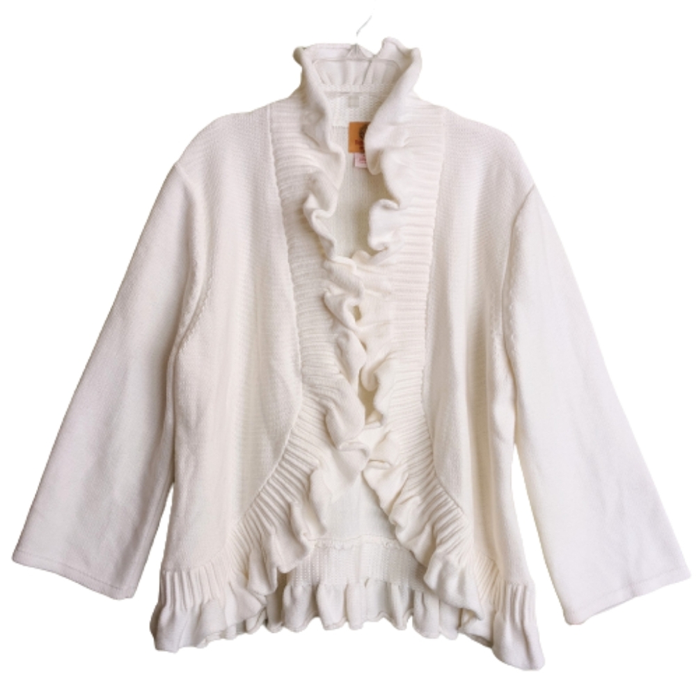 Ruby Rd Ruffled Cardigan Sweater Ivory Open Front Cotton Blend XLP